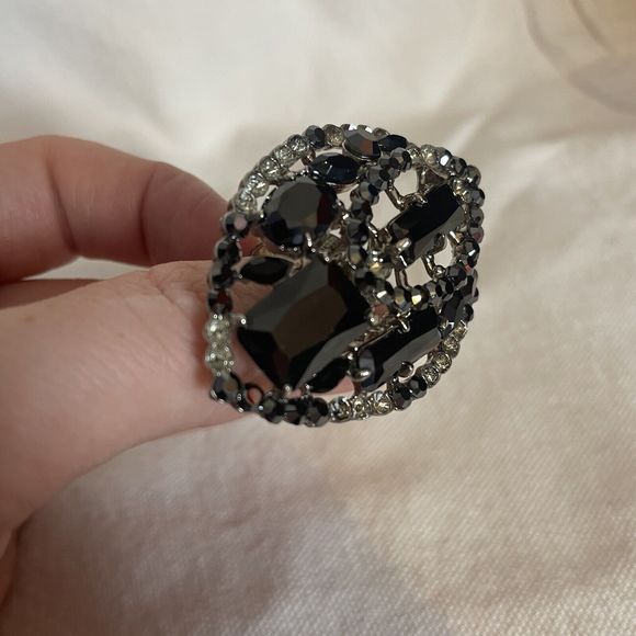 Ladies Classic Vintage Oval Black Onyx Stone Open Adjustable Ring Band Jewelry - Picture 4 of 6